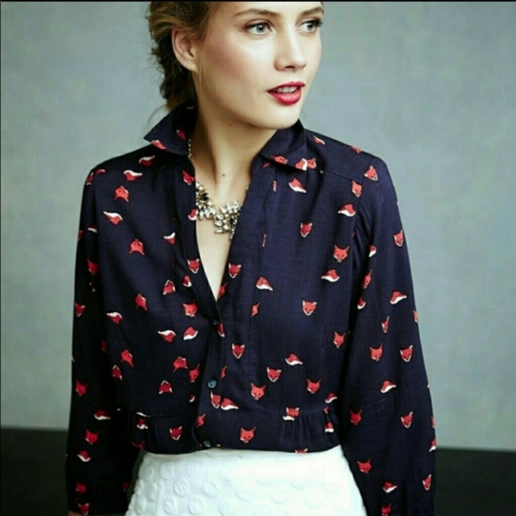 Maeve Tops - Maeve woodland walk, fox blouse, navy, button front tops, fox graphic. Sz 4